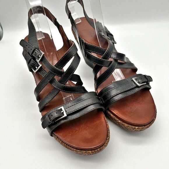 Naya Maize Black Leather Strappy Slingback Wedge Platform Sandals Size 11 - Picture 2 of 13